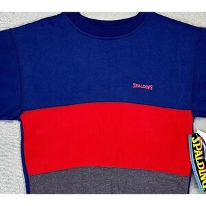 VINTAGE Spalding Sweater Adult Small Blue Red Grey Colorblock Crew Neck Mens NEW